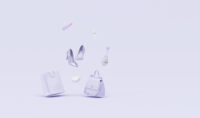 Fashion accessories bag, high heels, lipstick, cosmetic and bag shopping on pastel purple background. 3d rendering
