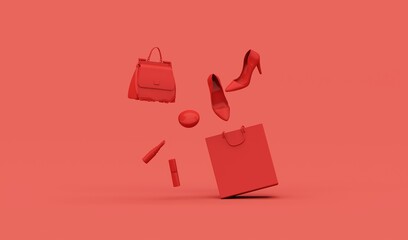 Fashion accessories bag, high heels, lipstick, cosmetic and bag shopping on red background. Black friday trendy. 3d rendering
