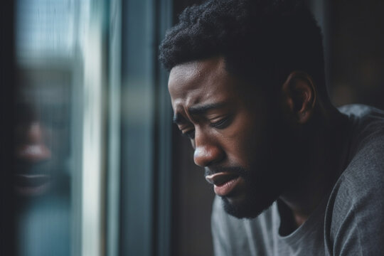 Sad, depression or black man burnout at window with mental health, headache or anxiety in house, Lonely, stress or depressed man thinking for financial problem, health compliance or finance policy