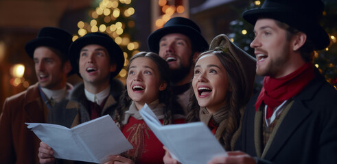  carolers singing traditional hymns by a beautifully decorated Christmas tree, embodying the holiday spirit.