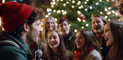 A convivial group of carolers, immersed in the spirit of Christmas, singing joyously in front of a radiant tree.