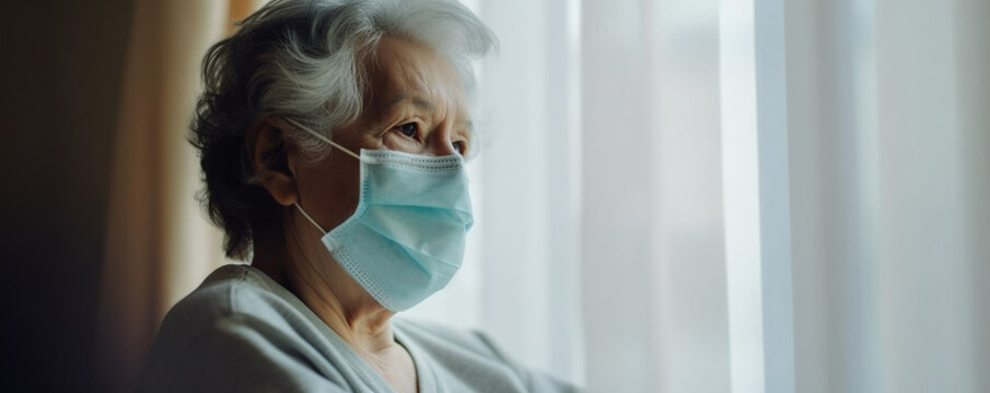 Senior woman wearing protective face mask and looking through window