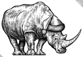 Vintage engraving isolated rhinoceros set dressed christmas illustration ink santa costume sketch. Africa background rhino silhouette new year hat art. Black and white hand drawn vector image © Turaev