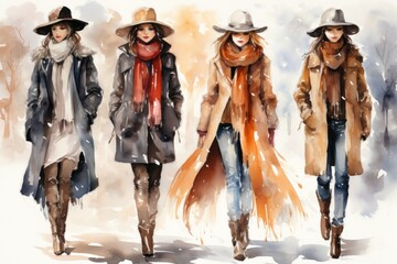 Naklejka premium Winter Fashion: Showcase stylish winter attire, including scarves, hats, and coats. - Generative AI