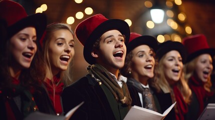 A captivating choir, adorned in red hats and scarves, delivering a soulful performance in a church-like setting, resonating with the spirit of harmony. - obrazy, fototapety, plakaty
