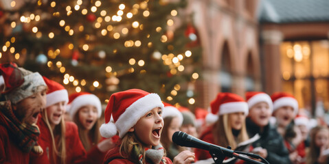 A group of children in Santa hats, delivering a heartwarming performance of Christmas carols in front of a beautifully decorated Christmas tree. - obrazy, fototapety, plakaty