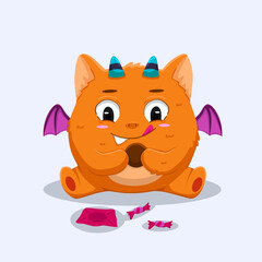 Cute Orange Monster Eating Chocolate Candy Illustration