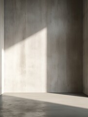 Beautiful sunlight from door cast shadow on blank weathered, grunge texture concrete loft wall, cement floor for modern, minimal interior design, architecture, fashion, beauty, Generative AI