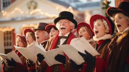 carolers in traditional Christmas attire, serenading a festively decorated house under the soft glow of a street lamp.