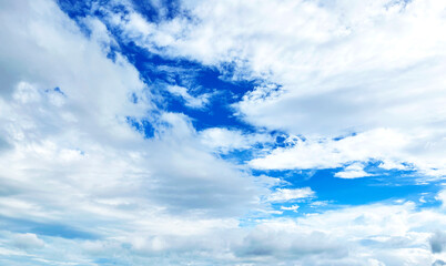 the landscape view is a white fluffy cloudy cloud and cumulus cloudscape with clear sunny weather and bright sunlight climate environment nature air on a blue beautiful wide high sky background