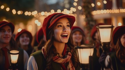 A heartwarming scene of carolers, illuminated by the soft glow of lanterns, filling the winter air with melodious Christmas carols. - obrazy, fototapety, plakaty