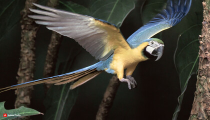 Dense forest. Sunlight beam. Dark background. Macaw flying. Light beam fall on macaw. High shutter...
