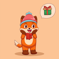 Cute Fox Christmas Character Thinking About a Gift Illustration