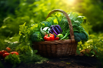 Wicker basket with assorted organic vegetables outdoor. eating healthy food. organic food
