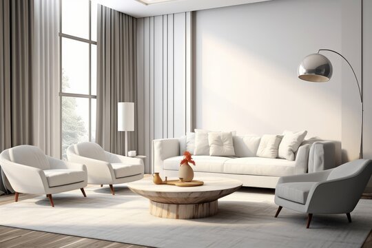 Modern interior design of cozy apartment, living room with white sofa, armchairs. Room with big window. 3d rendering, Generative AI