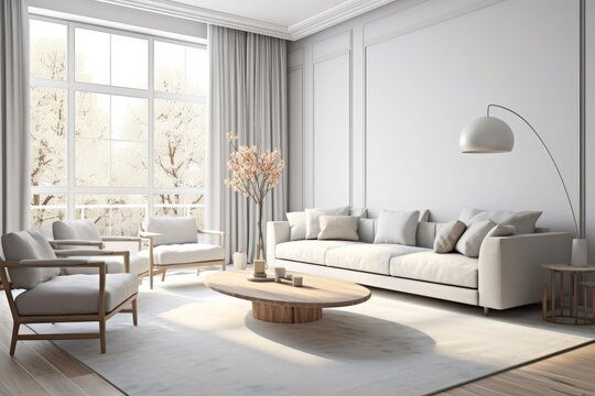 Modern interior design of cozy apartment, living room with white sofa, armchairs. Room with big window. 3d rendering, Generative AI