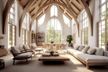 Vaulted cathedral ceiling in house. Interior design of modern living room. Generative AI