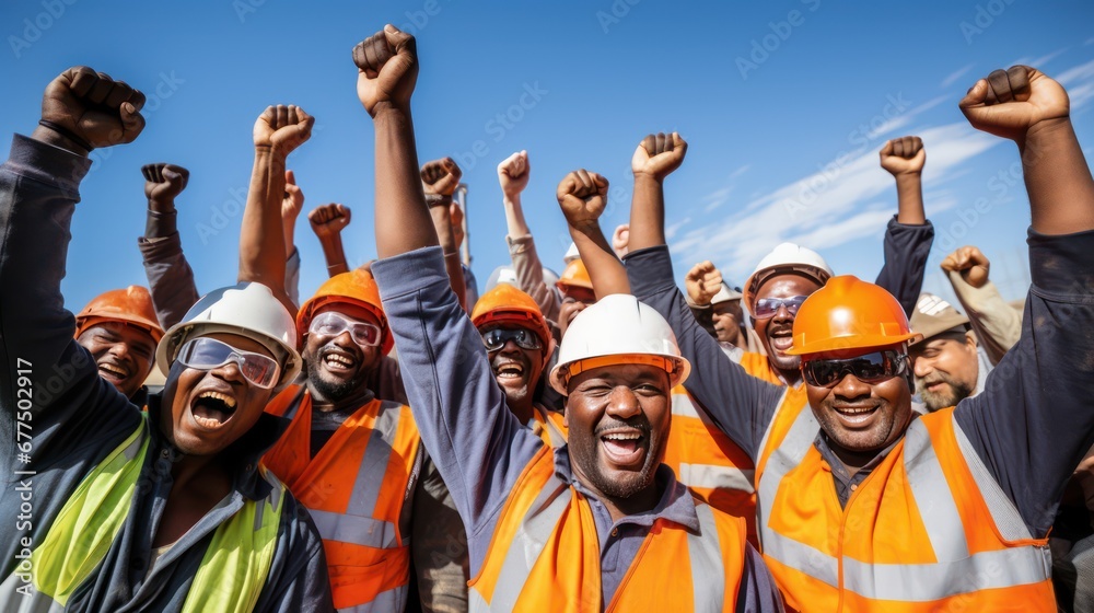 Wall mural A Construction workers raise their hands in joy on white isolated background. - Wall murals