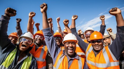 A Construction workers raise their hands in joy on white isolated background. - obrazy, fototapety, plakaty