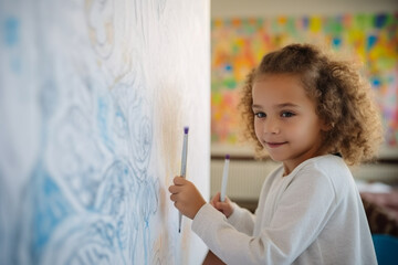Smiling young girl painting with a felt tip pen on a big white piece of paper on a wall  - obrazy, fototapety, plakaty