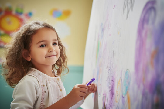 Smiling young girl painting with a felt tip pen on a big white piece of paper on a wall