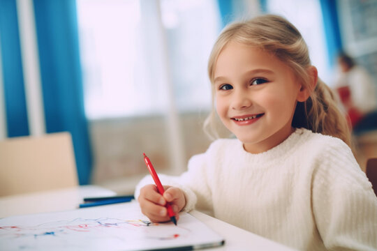 Smiling young girl sitting at the desk and painting with a felt tip pen on white paper 