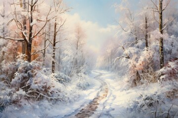 Obraz na płótnie Canvas Snowy Forest Paths: Explore and photograph forest trails covered in snow, inviting viewers to imagine where the path leads. - Generative AI