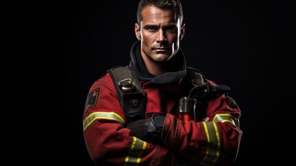 A Professional firefighter with arms folded looking at camera, side view, half body shot, black isolated background,