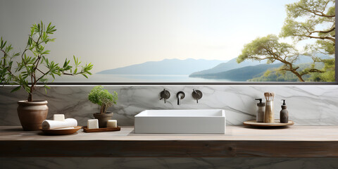 Bathroom interior design with bathtub and sea view. 3d render. ia generative