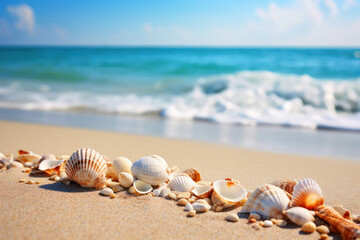 Fototapeta na wymiar Nautical charm Open seashell on sandy shore with waves crashing. A slice of paradise in Florida. AI Generative wonder adds to the beachscape.