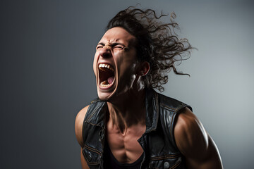 Fototapeta premium Angry man screaming in leather jacket. Studio shot on grey background. ia generative
