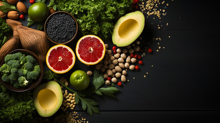 Healthy food background. Fruits and vegetables on black wooden table. ia generative - obrazy, fototapety, plakaty