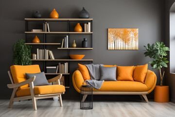 Interior of modern living room with gray wall, with orange sofa, armchair and bookcase. ia generated