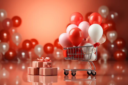 Shopping cart with gift boxes and red balloons on bokeh background. ia generative