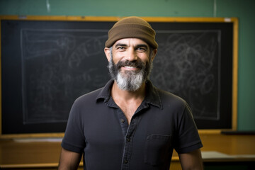 Teacher smiling in front of the chalkboard