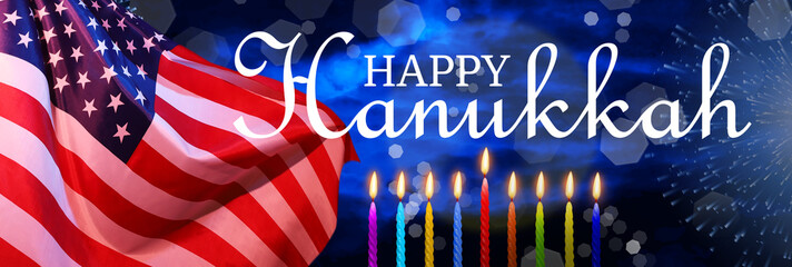 Jewish holiday Hanukkah. Flag of USA. 3d illustration