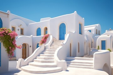 Traditional mediterranean white house. Summer architectural background with blue sky. Generative AI