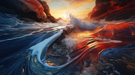 An The beauty of the abstract waves in the colorful river and sea meet during the high and low tides.