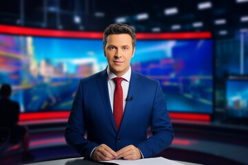 TV Live News Program: White Male Presenter Reporting On the Events, Science, Politics, Economy, Television Cable Channel Newsroom Studio: Anchorman Talks, Broadcasting Network with Mock-up
