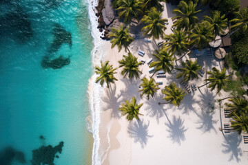 Fototapeta na wymiar A bird's-eye view of a pristine beach and swaying palm trees, an aerial masterpiece. AI Generative coastal allure from above.