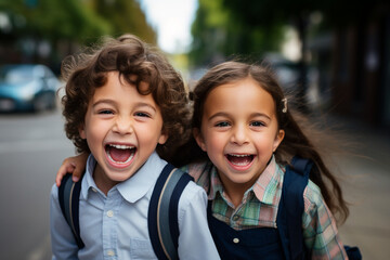 two Elementary age children with facial expression of joy on the first day of school