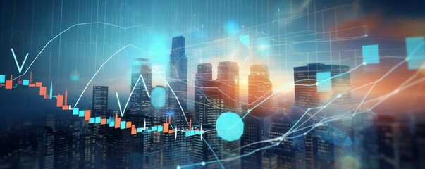 Trading and real estate investing concept with graph data and digital stock market, Financial and banking on business skyscrapers background, Generative AI - obrazy, fototapety, plakaty