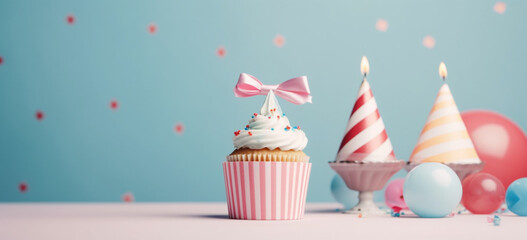 Birthday party background with cupcake, party hat and present