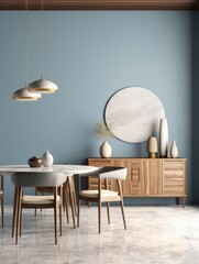 Interior design of modern dining room or living room, marble table and chairs. Wooden sideboard over blue wall. Home interior. 3d rendering, Generative AI