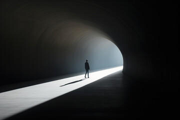 Silhouette of a man with light at the end of a tunnel - obrazy, fototapety, plakaty