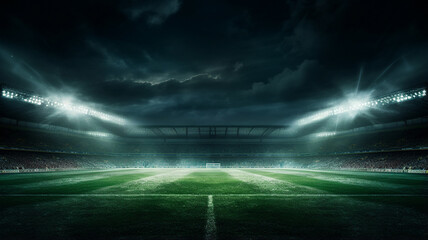 dark soccer stadium with bright lights - obrazy, fototapety, plakaty