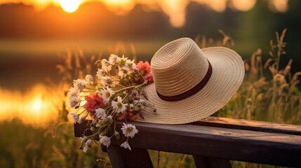 Straw hat and bouquet of wild flowers on a wooden bench in field at sunset on a summer evening. - obrazy, fototapety, plakaty
