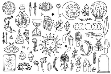 Set of doodle esoteric symbols. Magical, occult, spiritual illustrations with sun, moon, flowers, eyes, hands, moth, hourglass. Line art vector collection