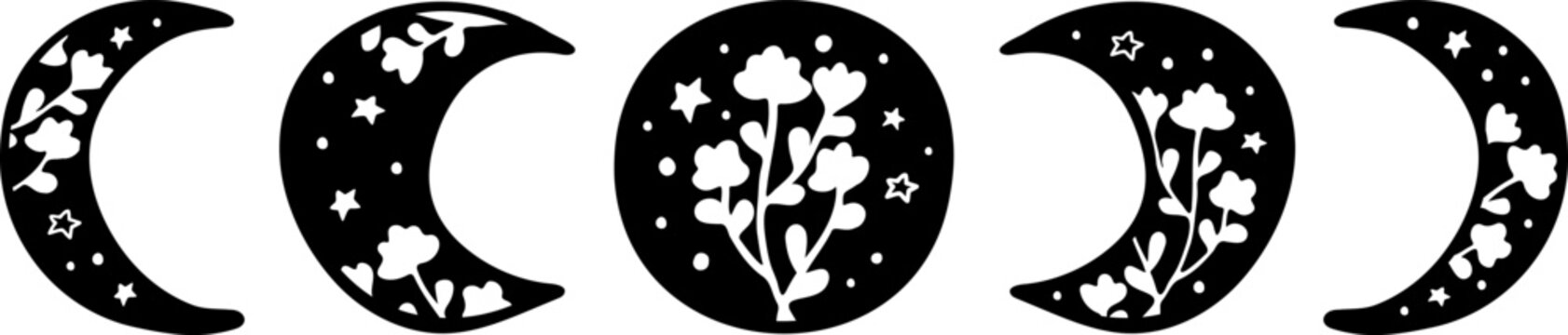 Floral moon phase doodle vector Illustration. Mystical silhouette cosmic elements celestial shapes with leaves, flowers and stars.  
