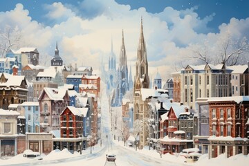 Fototapeta premium Snow-Covered Architecture: Iconic buildings and historic landmarks blanketed in snow can make for striking images. - Generative AI